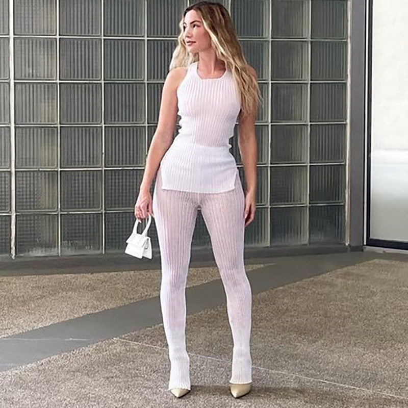 Women Top & Pant 2 Piece Set Summer Split T-shirt See-through Trousers Casual Suit