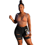 Women Plus Size Denim Shorts Ripped Slim Fit Denim Shorts