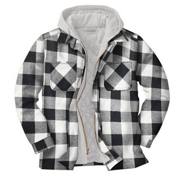 Mens Flannel Jacket with Hoodie Ordinary Casual Hooded Long Sleeve Zipper Plaid Jacket