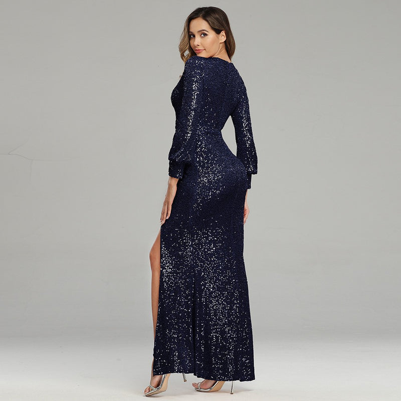 Kim Kardashian Marilyn Monroe Dress Split Long Sleeve Sequined Banquet Evening Dress for Women