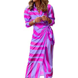 Women Bohemian Dress Casual Long Sleeve Striped Printed Dress