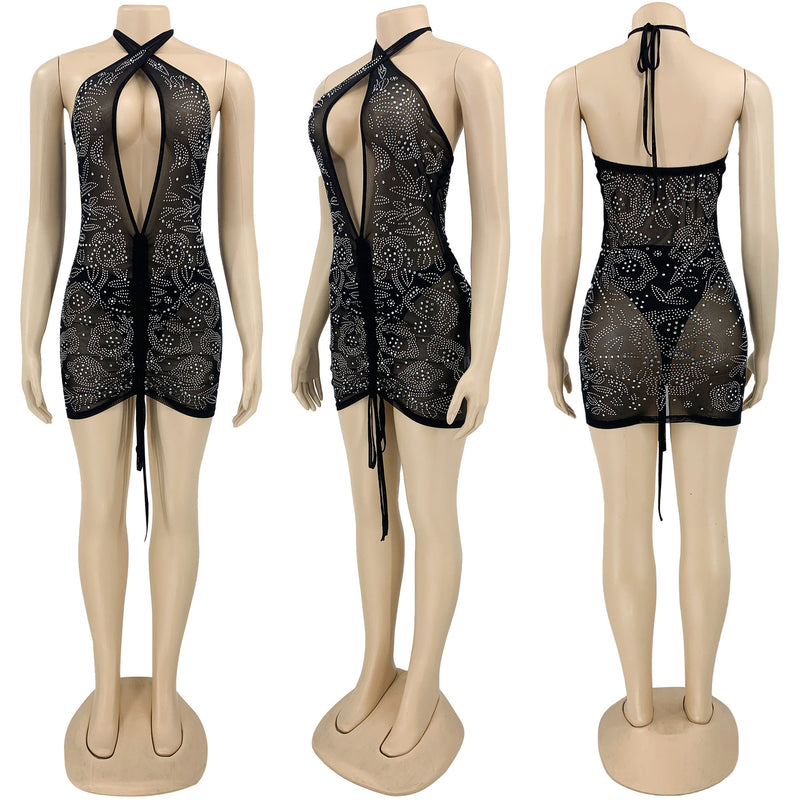 Bella Hadid Dress Sexy Rhinestone Dress Drawstring Ruffle Short Skirt