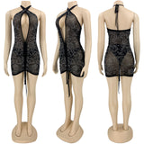 Bella Hadid Dress Sexy Rhinestone Dress Drawstring Ruffle Short Skirt