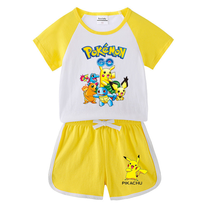 Children Pokemon Pikachu Tshirts & Shorts Short-Sleeved T-shirt Shorts Casual Sports Two-Piece Neutral