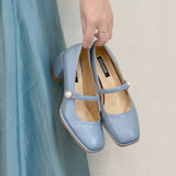 Nude Block Heel Sandals Chunky Heel Mary Jane Leather Shoes