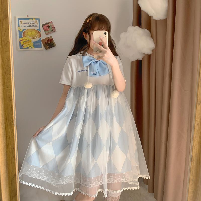 Gothic Lolita Harajuku Style Clothing Alice SP Sweater Dress Stitching Mesh Mid-Length A- line Skirt