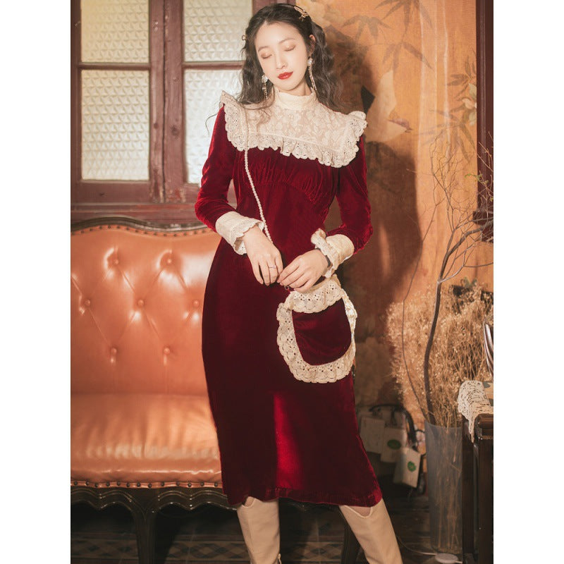 Fairy Dress Autumn and Winter Women's Clothing Hepburn Style French Dress Vintage Velvet Stitching Lace