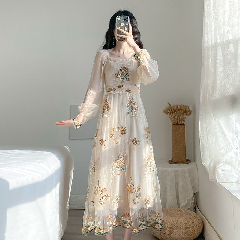 Fairy Dress French Retro Fairy Long Sleeve Mesh Embroidered Dress
