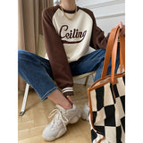 Diana Harvard Sweatshirt Retro Alphabet Color-Block Raglan Sleeves Contrast Color Casual Sweatshirt