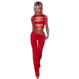 Women Top & Pant 2 Piece Set Summer Sexy Hollow out Vest Slim Pants Suit