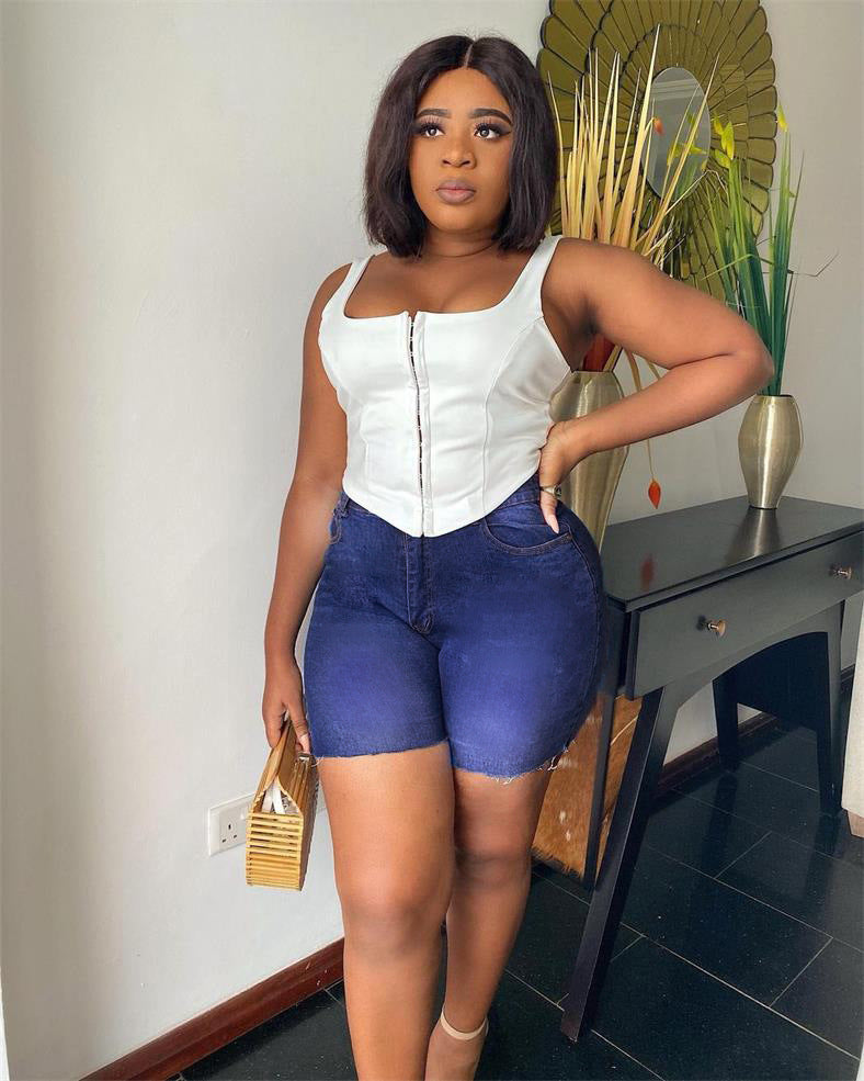 Women Plus Size Denim Shorts High Waist Slim Fit Denim Shorts