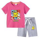 Children Pokemon Pikachu Tshirts & Shorts round Neck Half Sleeve T-shirt Suit Cotton Two-Piece Suit