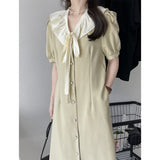Kim Kardashian Marilyn Monroe Dress Summer Solid Color Dress Women's French Retro Mid-Length Lapel A- line Dress