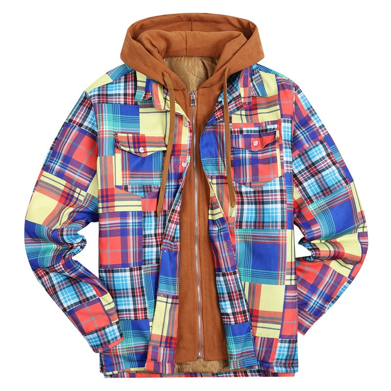 Mens Flannel Jacket with Hoodie Autumn and Winter Thickening Quilted Digital Printing Coat Hooded Fake Two Pieces Jacket Cotton-Padded Coat