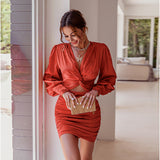 Dakota Johnson Red Mini Dress Deep V Lantern Sleeve Pleated Hip Skirt