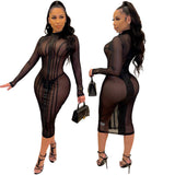 Kesha Black Dress Women's Sexy Mesh Stitching Long Sleeve Solid Color Dress