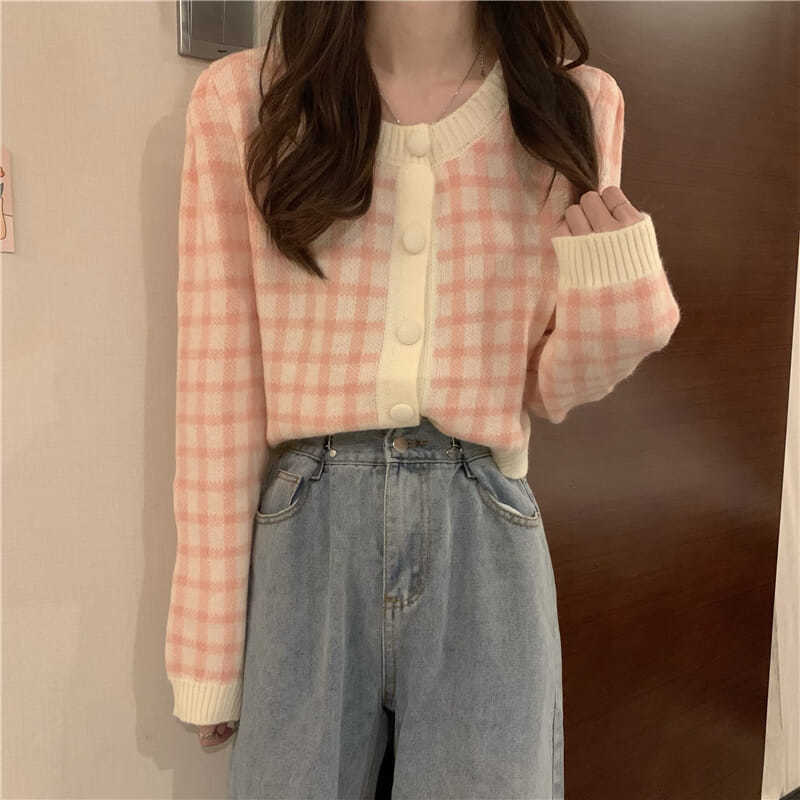Preppy Aestitic Outfits Short Plaid Long Sleeve Sweater