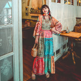 Beth Dutton Bohemian Dress Winter Autumn Midi Dresses Flare Sleeve Contrast Color Round Neck 3/4 Sleeve Color Holiday Dress