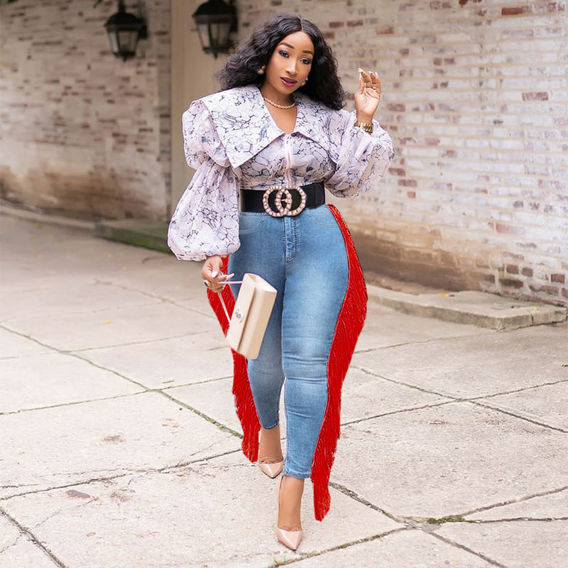 Women Plus Size Jeans Slim-Fit Tassel Denim Skinny Pants