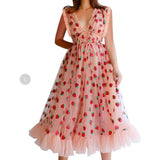 High Waist Sleeveless Strawberry Mesh Dress Casual Fashionable