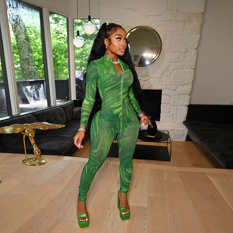 Fall Women's Clothing Fashion Printed High Waist Tight Long Sleeve Hip Lifting Sport Fitness Jumpsuit