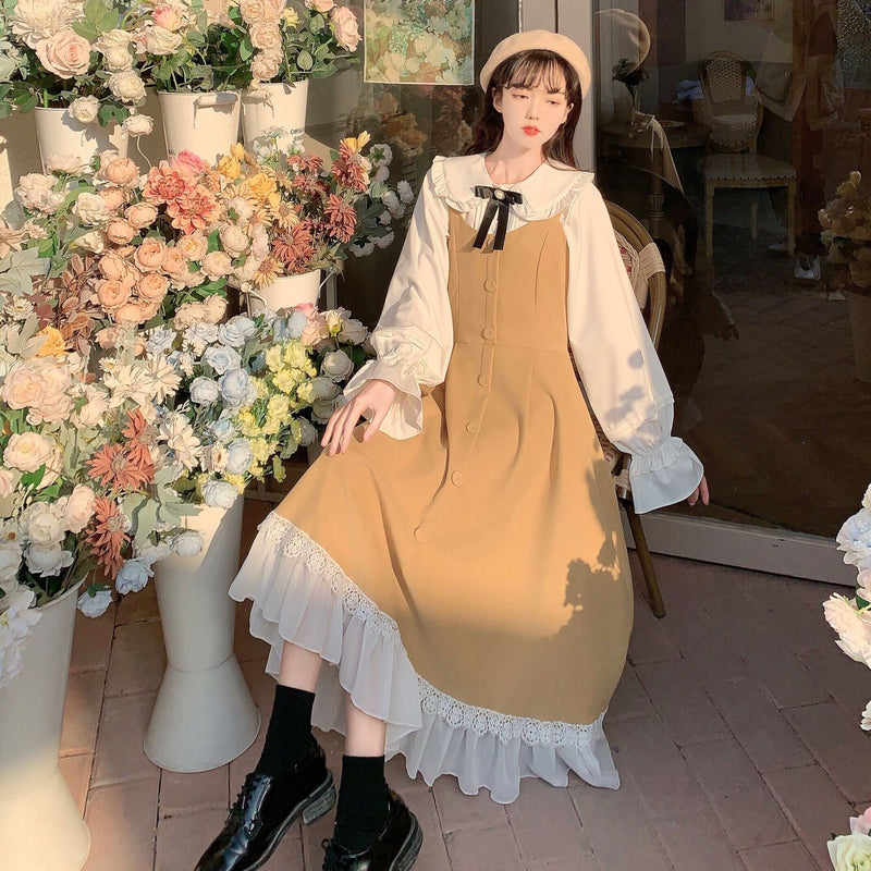 Gothic Lolita Harajuku Style Clothing Retro Spaghetti Straps Dress All-Match Solid Color Shirt