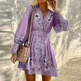 Women Bohemian Dress Summer Women's Long Sleeve V-neck Loose Dress