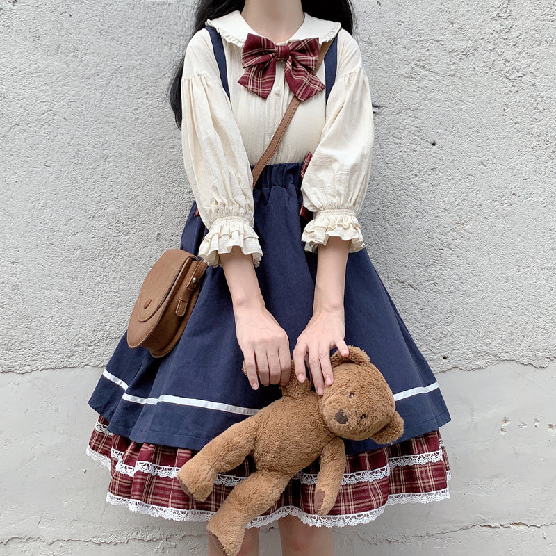 Gothic Lolita Harajuku Style Clothing College Style Blouse Suspender Skirt Two-Piece Stitching Pettiskirt