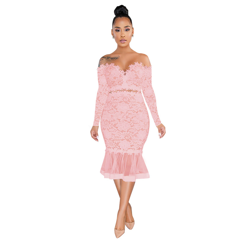 Autumn and Winter off-Shoulder Lace Fishtail Skirt Swing See-through Dress