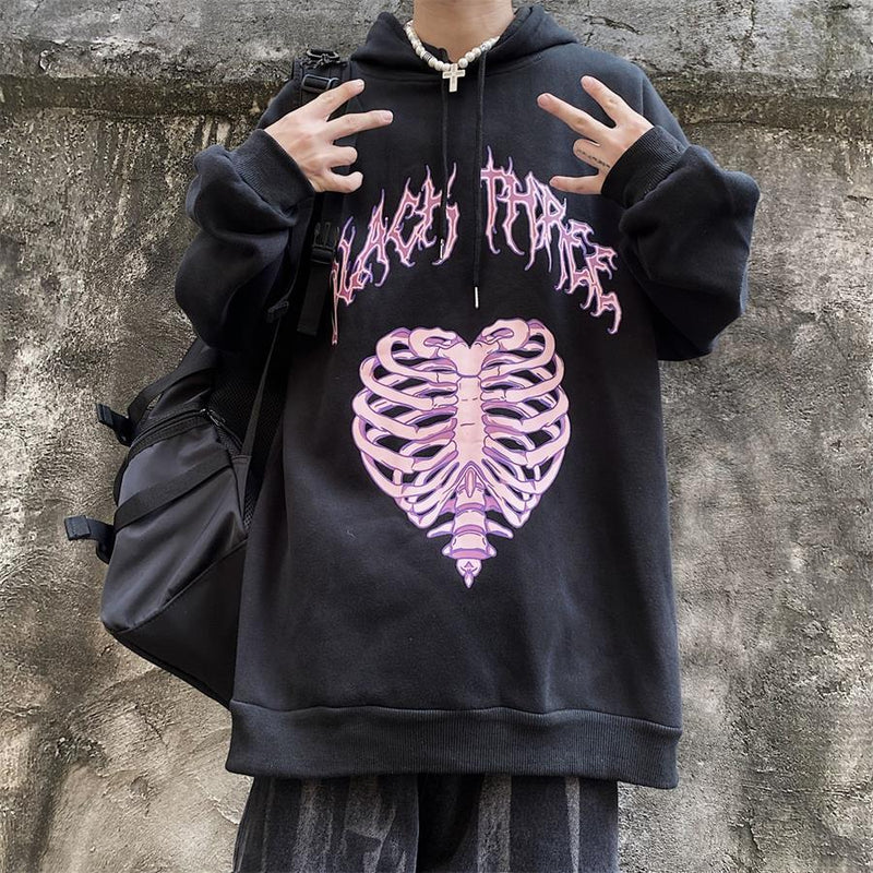 Skeleton Hoodie Retro Dark Skeleton Letter Print Loose-Fitting Hoodie