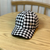 Vintage Check Baseball Cap Black-White Checker Board Plaid Rhinestone