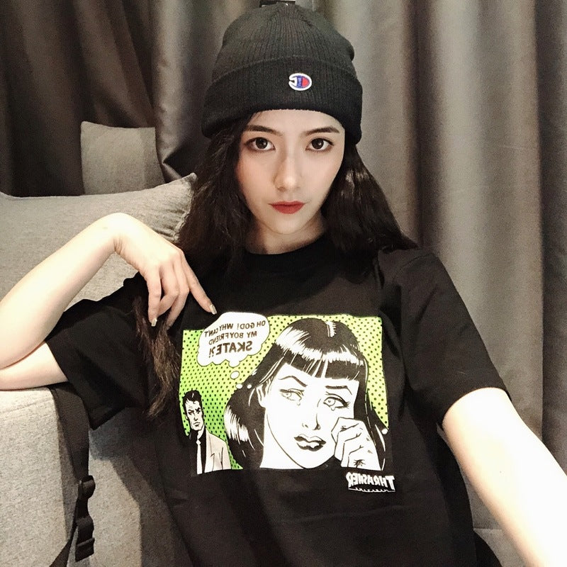 Thrasher T Shirt Summer Flame Loose Painting Printed T-shirt Man