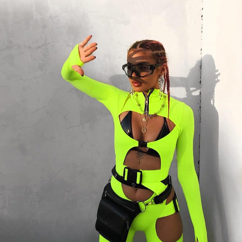 Fall Women's Clothing Sexy Cutout Sheath Tight Fluorescent Color Long Sleeve Sports One-Piece Shorts