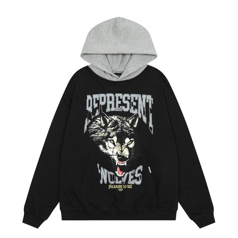 Present Hoodie Wolf Head Printed Stitching Hoodie