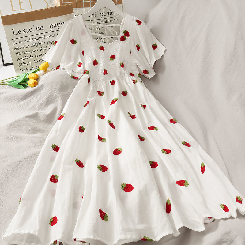 Strawberry Cottagecore Dress High Waist Pineapple Print Large Retro Swing Dress