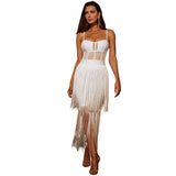 Women Bodycon Dress Mesh See-through Suspender Skirt Tassel Bodycon Dress