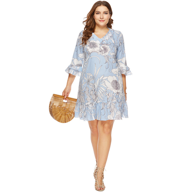 Women Plus Size Mini Dresses Fashion V-neck Printed Striped Ruffled Straight Dress