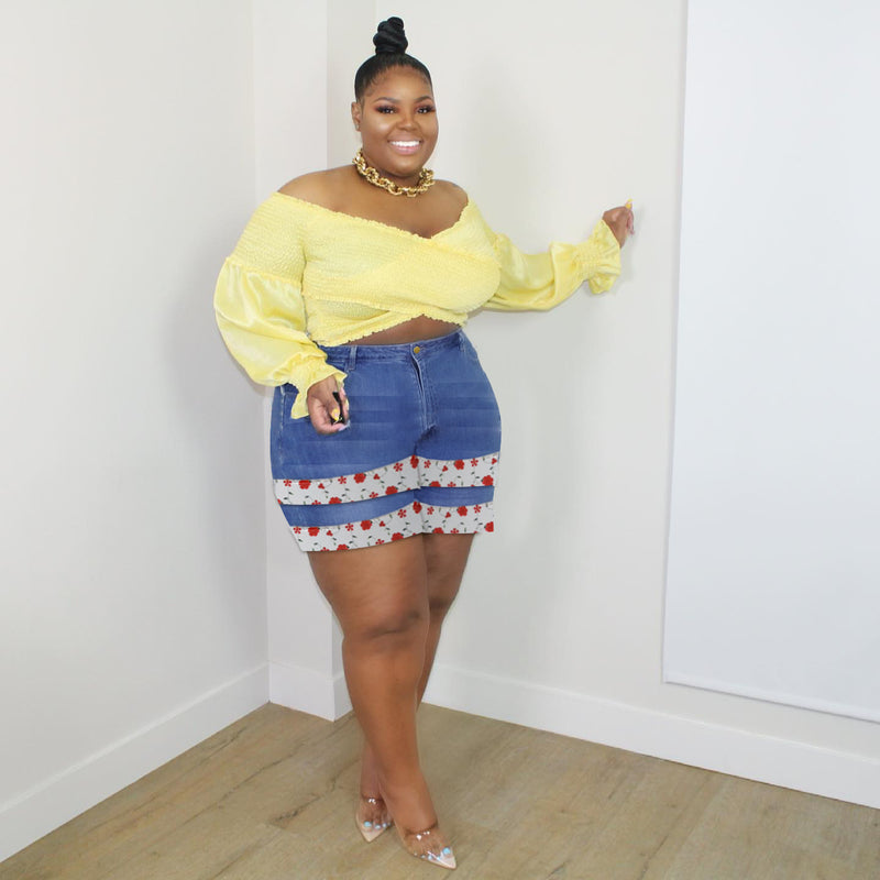 Women Plus Size Denim Shorts Slim-Fitting Patchwork Denim Shorts