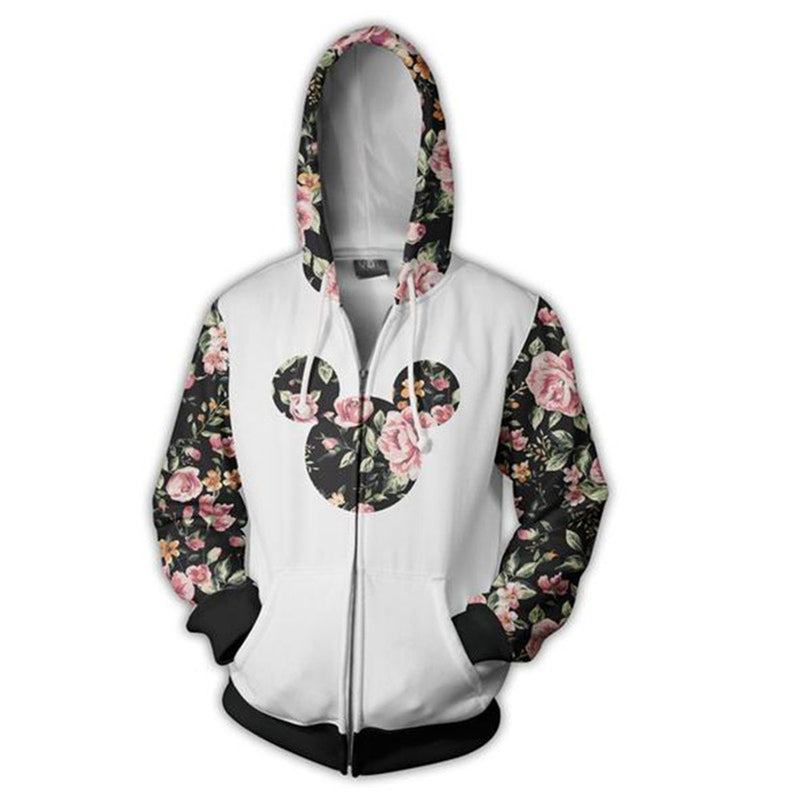 Black Rose Hoodie Rose Mickey Mouse 3D Digital Printing Sweater Moving Zipper Hooded Sweatshirt