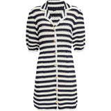 Black and White Dress Law V-neck High Waist Puff Sleeve Striped Hollow-out Knitted Dress