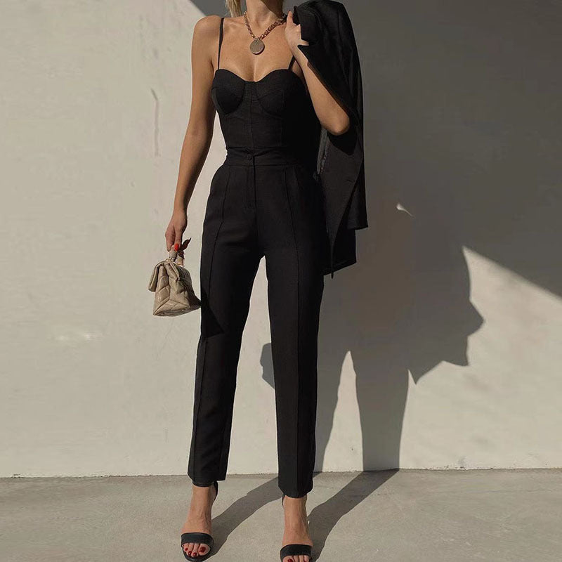 Women Top & Pant 2 Piece Set Winter Camisole Slim-Fit Straight Trousers Suit