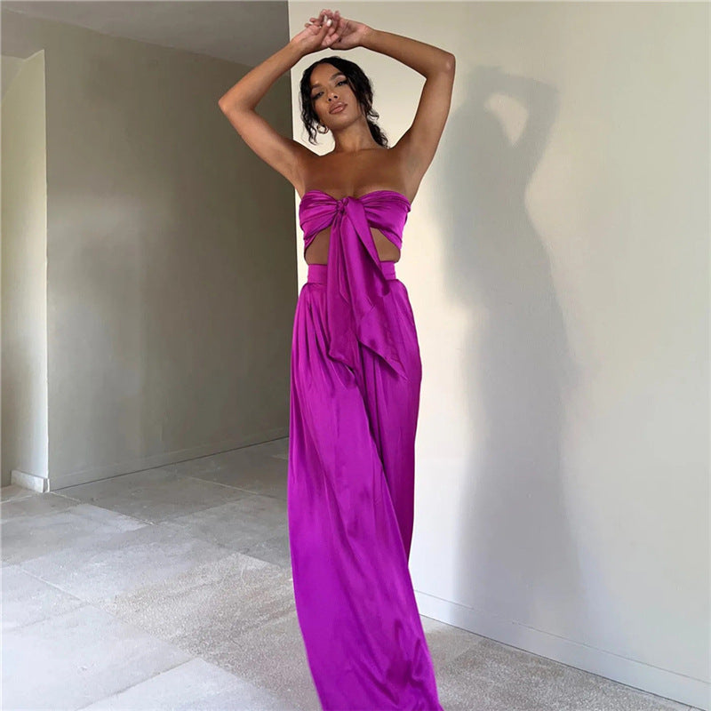 Women Top & Pant 2 Piece Set Summer Cropped Tube Top High Waist Hip Wide Leg Pants Casual Suit