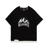 Men T Shirt Summer Casual Tops Men's Clothes Summer Wear Retro Men's round Neck Short Sleeve Casual Snow Mountain Fake Two-Piece T-shirt Fashion