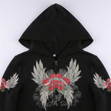 Black Rose Hoodie Rose Wings Printing Contrast Color Long Sleeves Hooded Zipper Sweatshirt