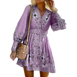 Women Bohemian Dress Summer Women's Long Sleeve V-neck Loose Dress