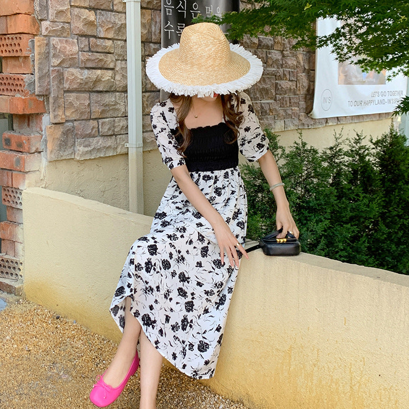 Black and White Dress Summer French Square Collar Rose Print Long Dress
