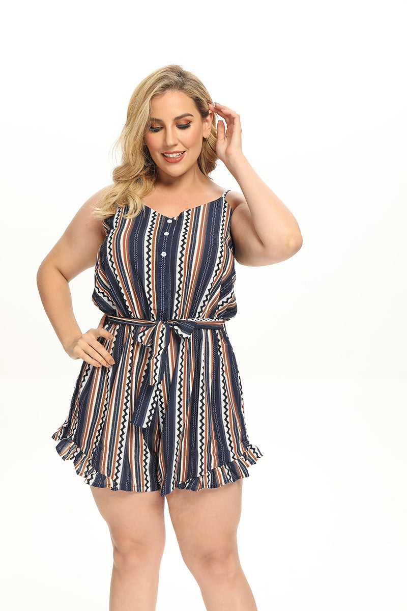 Women Plus Size Pants Summer Spaghetti-Strap Floral Print Loose One-Piece Shorts