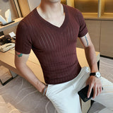 Men Short Sleeve T-Shirt V-neck Men's Knitted T-shirt
