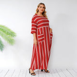 Women Plus Size Maxi Dresses Spring/Summer Double Pocket Red Striped Loose Casual Dress