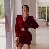 Dakota Johnson Red Mini Dress Deep V Lantern Sleeve Pleated Hip Skirt